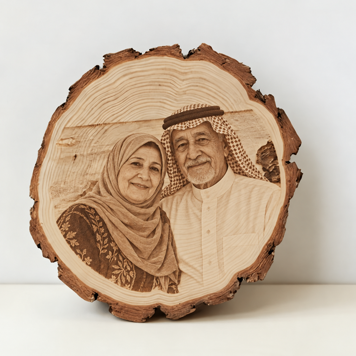 جذور الذكرى — قطعة الخشب حسب مرجع المورد مع مثال صورة والدين سعوديين مخصصة
