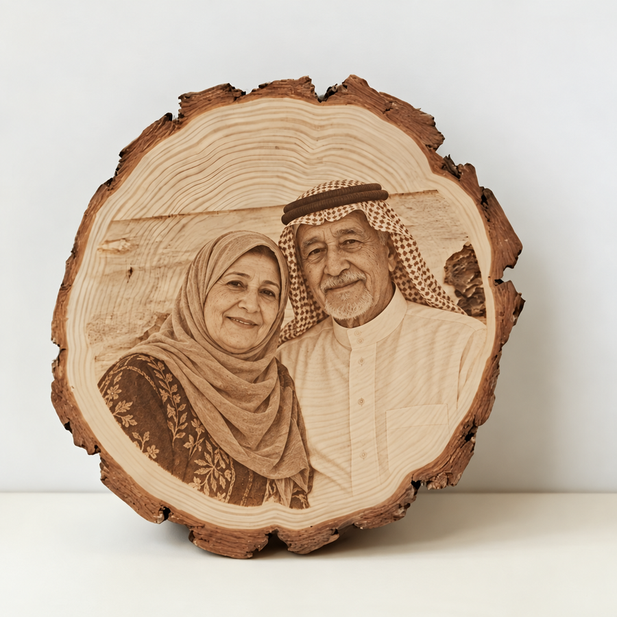 جذور الذكرى — قطعة الخشب حسب مرجع المورد مع مثال صورة والدين سعوديين مخصصة